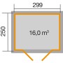 Grundriss Weka Holz-Gartenhaus 323: 299x250 cm, versetztes Satteldach, 16 m³ Volumen.