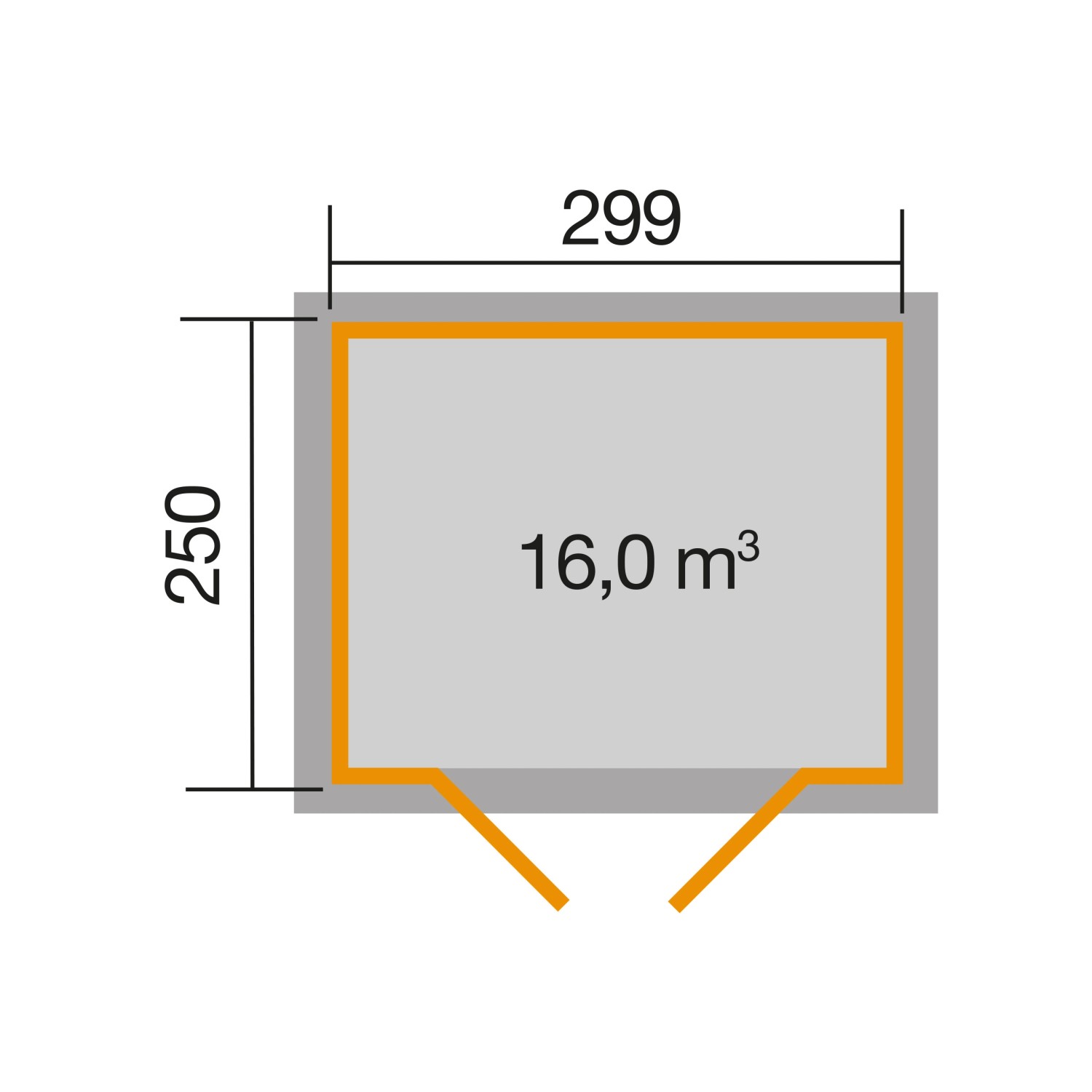 Grundriss Weka Holz-Gartenhaus 323: 299x250 cm, versetztes Satteldach, 16 m³ Volumen.