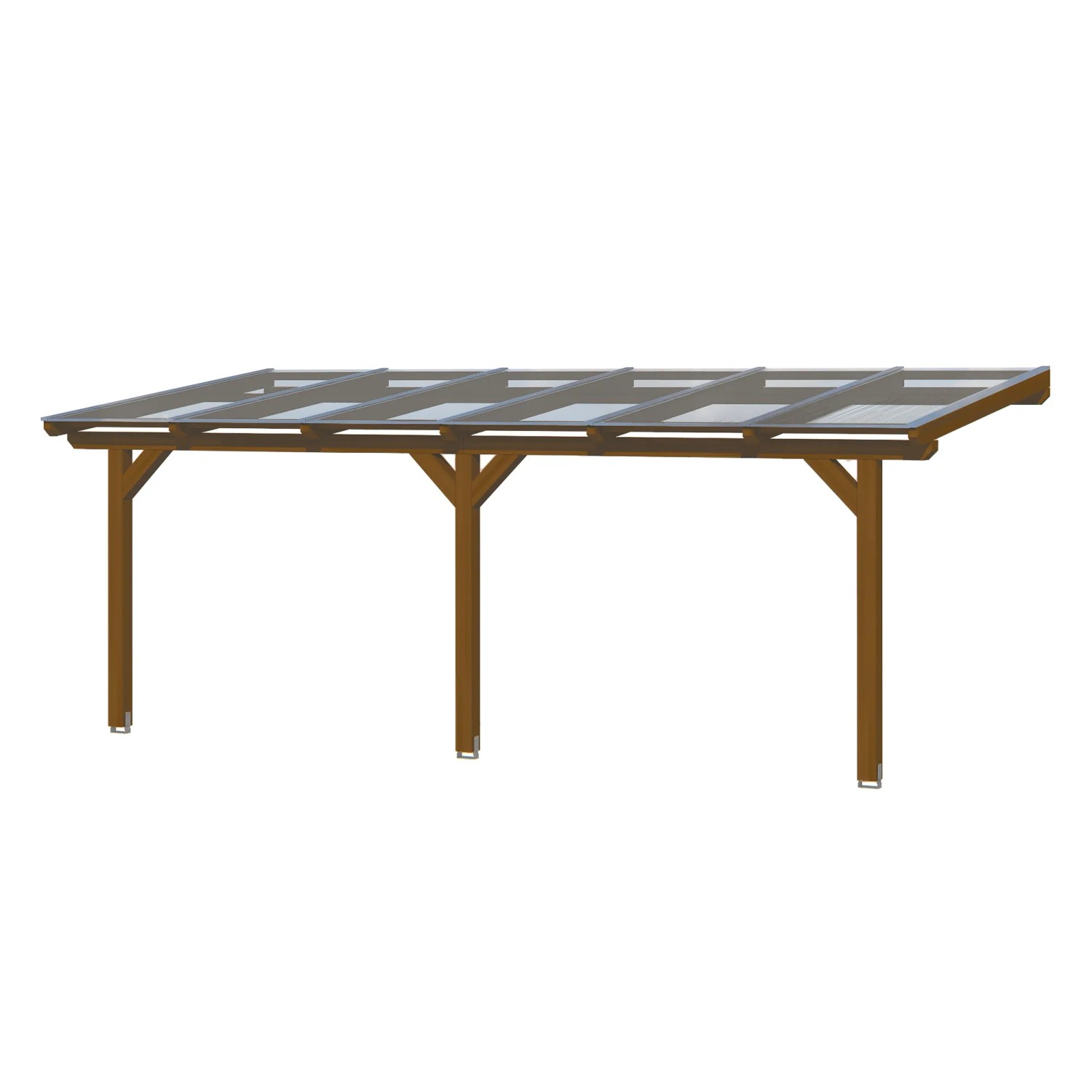 Skan Holz Terrassenüberdachung Bormio, 648x250 cm, Leimholz Nussbaum mit klarer Dacheindeckung.