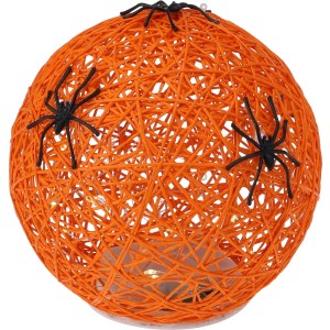 Orangefarbene Papier Deko Kugel (15cm) mit Spinnen und LED-Lichtern für Halloween.