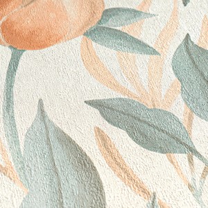AS Creation Vliestapete mit Knospenmuster in Beige, Grün und Orange.