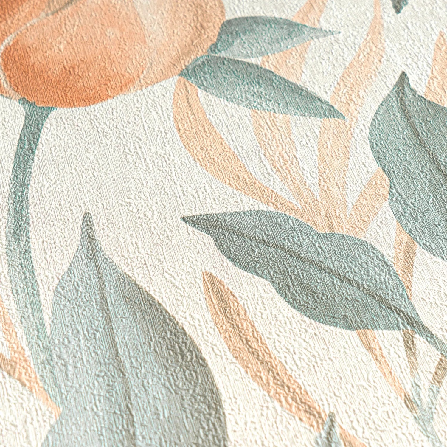 AS Creation Vliestapete mit Knospenmuster in Beige, Grün und Orange.
