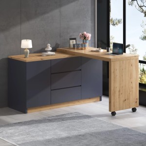 Flexibler Eckschreibtisch in Grau/Eichendekor mit drehbarer Platte, Rollen, Schranktüren & Schubladen. Für Wohnzimmer.