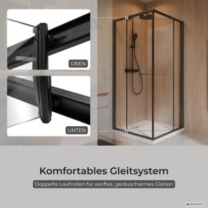 Schulte Sunny Nischendusche, Schiebetür mit mattschwarzem Rahmen. Komfortables Gleitsystem mit doppelten Laufrollen.