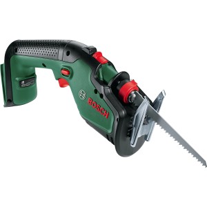 Bosch Akku-Gartensäge Keo 18 Solo, grüne Astsäge mit Sägeblatt und rotem Knopf.