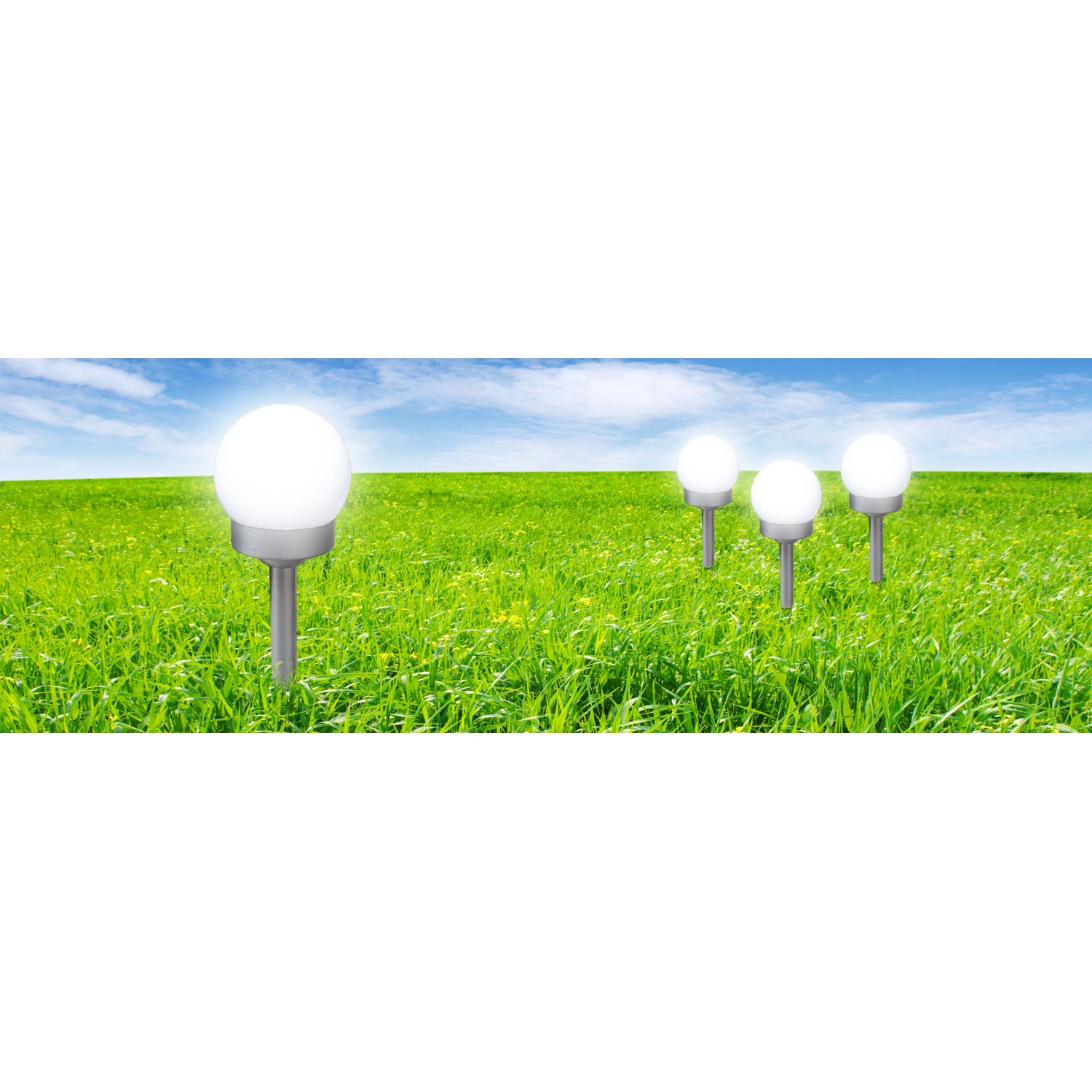 3er Set Globo LED Solar-Kugeln mit Erdspieß, silber metallic, im Garten.