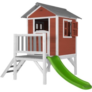 Axi Lodge XL Spielhaus in skandinavischem Rot mit lindgrüner Rutsche und grauem Dach.