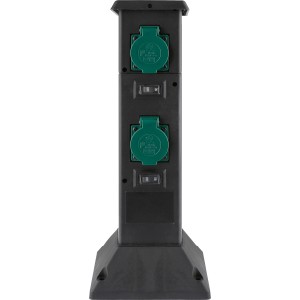 Schwarze 2-fach Außensteckdose mit Erdspieß für den Garten.