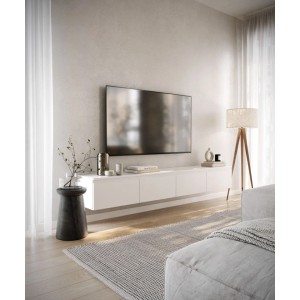 Weißes, wandmontiertes TV-Hängeboard Bemmi 200 cm mit matter Oberfläche und grifflosen Klappenfächern in modernem Wohnzimmer.