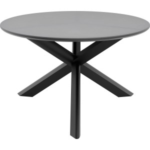 Runder Esstisch Abington, Teil eines 7-teiligen Gartenmöbel-Sets, mit Glasplatte und schwarzem Stahlgestell.