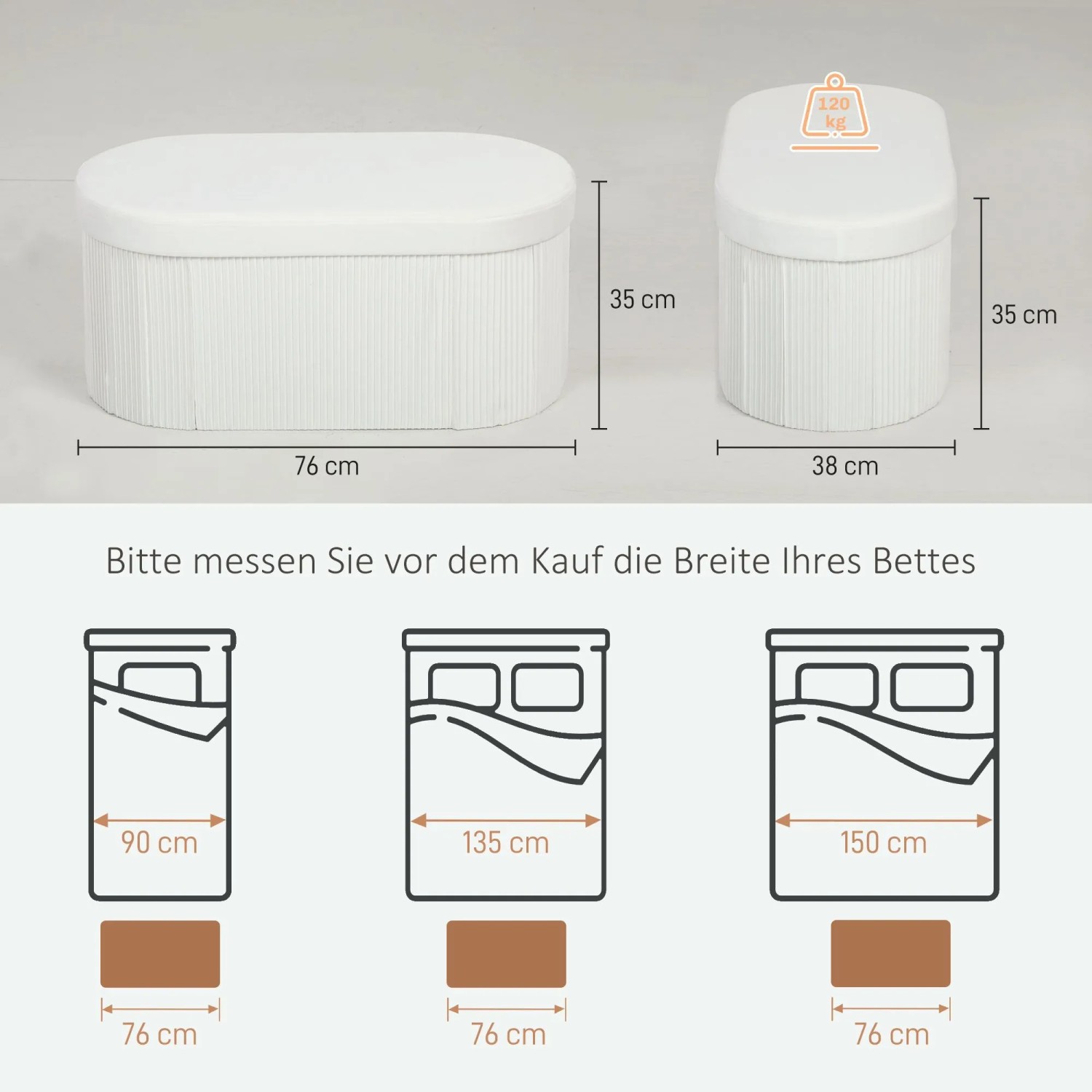 Cremeweiße HOMCOM Sitzbank mit Samtoptik, gepolstert, 76x38x35 cm, Stauraum, 120 kg Belastbarkeit.