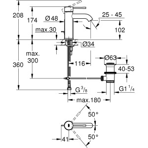 Technische Zeichnung: Grohe Essence Waschtischarmatur S-Size, Hard Graphite gebürstet, mit Maßangaben.