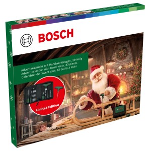Bosch Adventskalender 2024 mit Handwerkzeugen und Zubehör im festlichen Design.