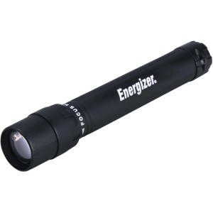 Schwarze Energizer X-Focus Taschenlampe mit Strahlfokussierung und Batterien.