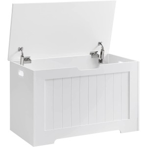 Weiße Vasagle Schuhtruhe (40x76x48 cm) mit offenem Deckel. Ideal als Wohnzimmerschrank und Sitzbank.