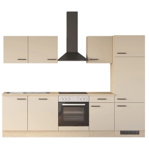Moderne Flex-Well Küchenzeile Creso in Cashmere matt/Provence Oak. Komplette Einbauküche mit Herd, Kochfeld, Spüle, Dunstabzugshaube.