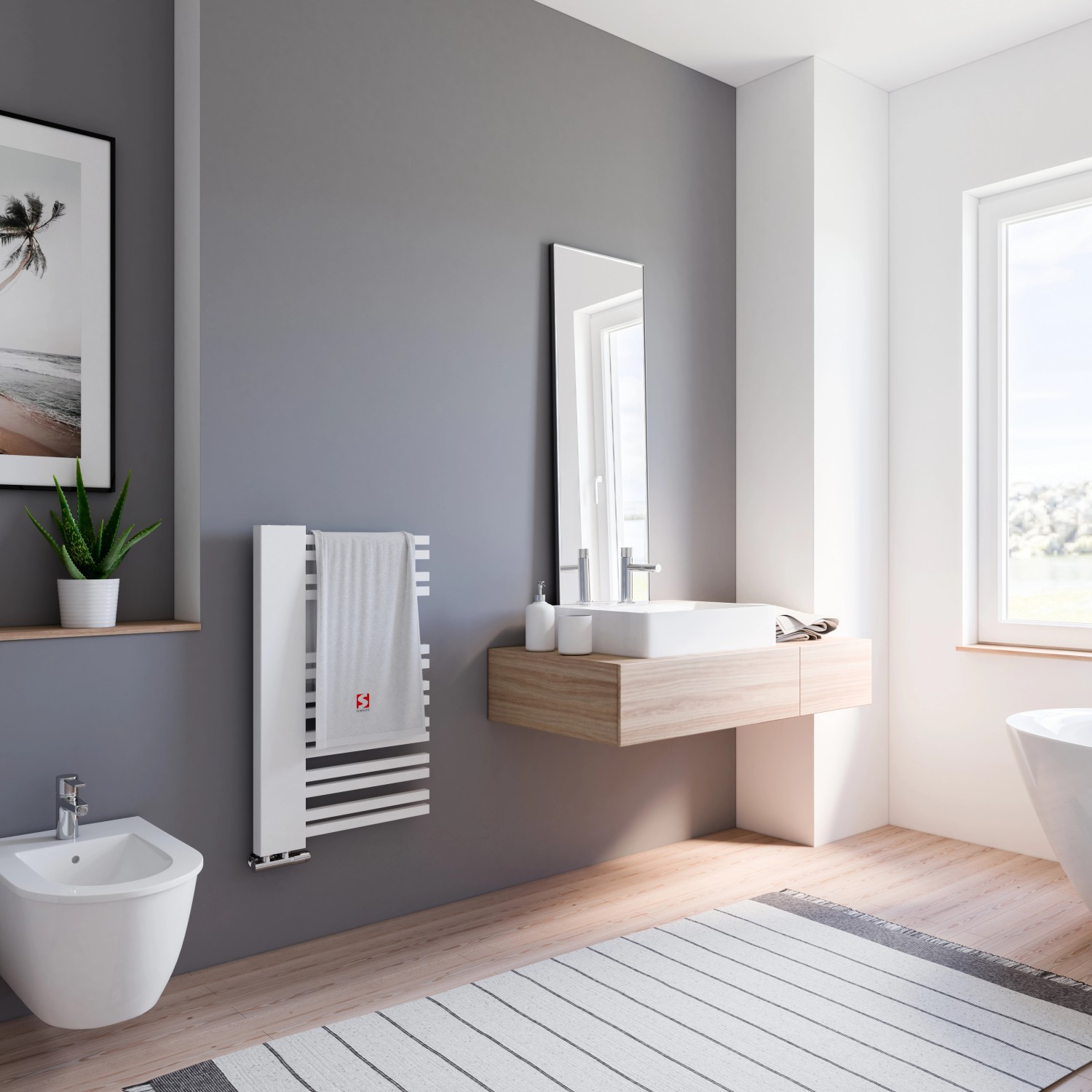 Schulte Design-Heizkörper Bologna, 81x60 cm, Alpinweiß, linke Ausführung im Badezimmer.