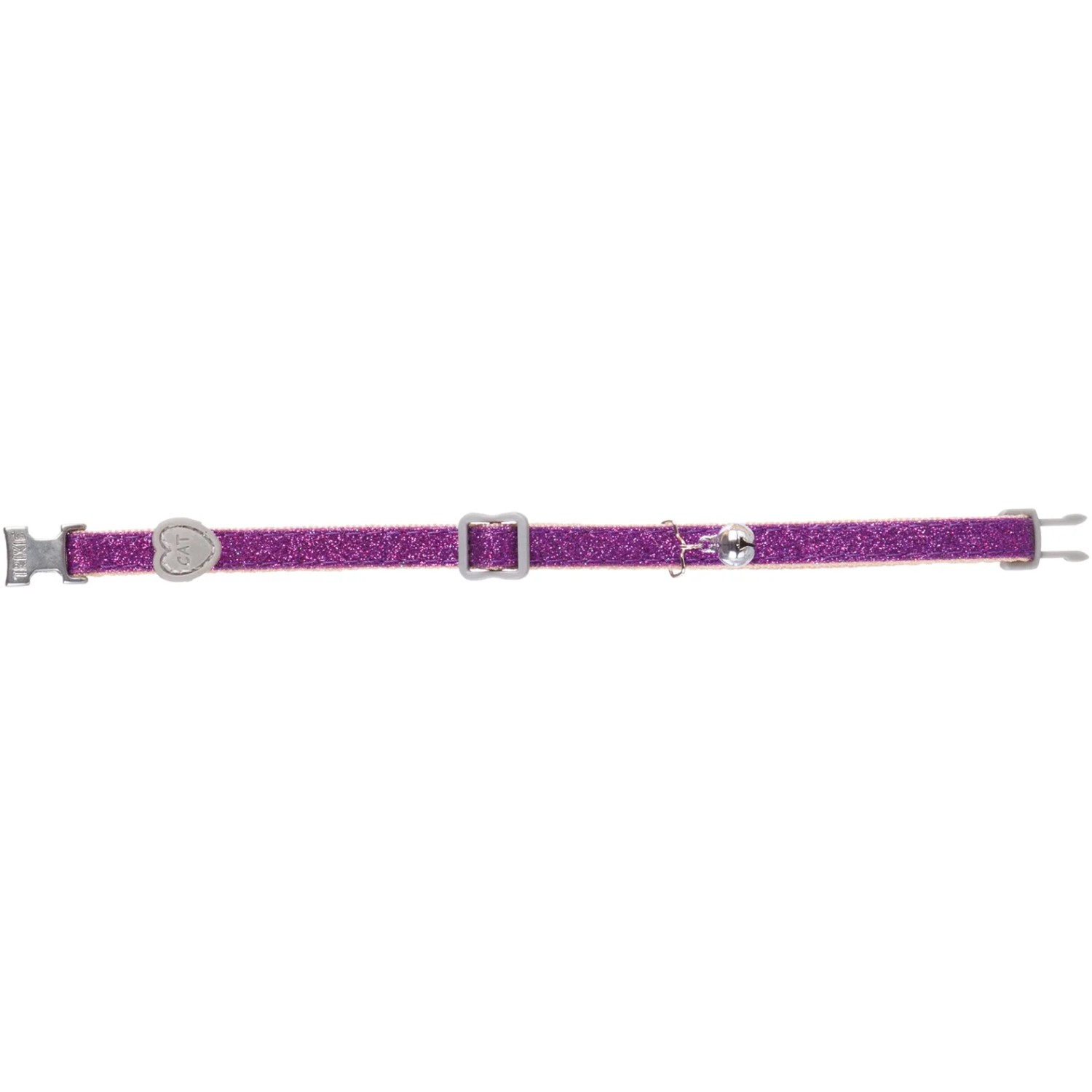 Lila, glitzerndes Trixie Katzenhalsband aus Nylon mit Glöckchen und Herzanhänger.
