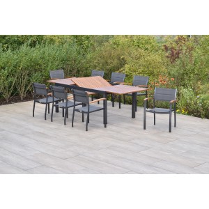 Merxx Paxos Gartenmöbel-Set: Ausziehbarer Tisch und 8 Stapelsessel aus Akazie und Aluminium.