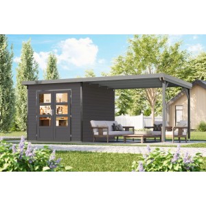 Karibu Gartenhaus Domingo 3 B mit Verlängerung in Grau-Alu und Sitzgruppe im Garten.