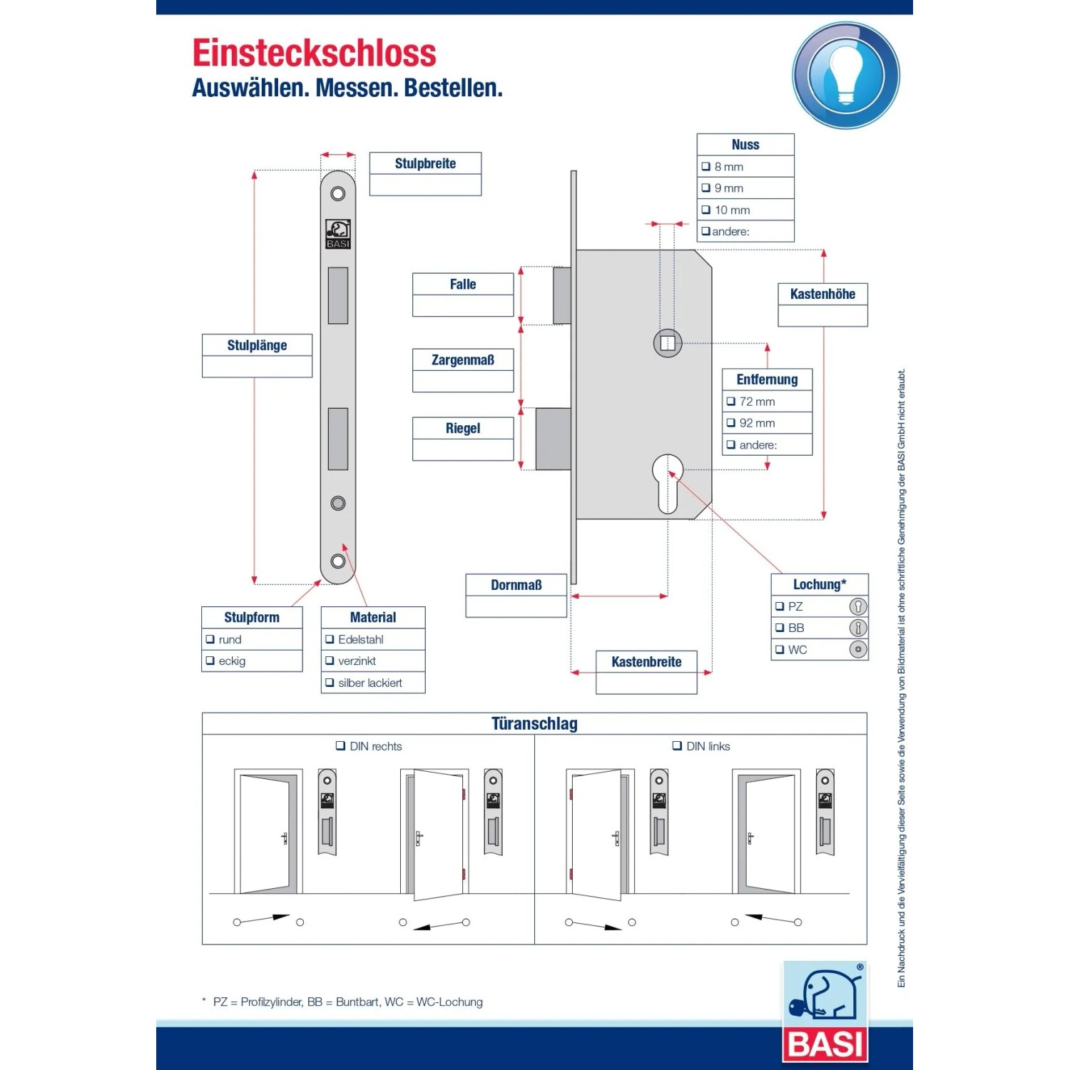 Basi Einsteckschloss Diagramm für Zimmertüren: Maße, Rundstulp, Falle, Riegel, Lochung. DIN Rechts/Links Montage erklärt.