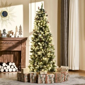 HOMCOM künstlicher Weihnachtsbaum 1,8m, beleuchtet mit LED-Lichtern, Beeren, Zapfen und Geschenken.