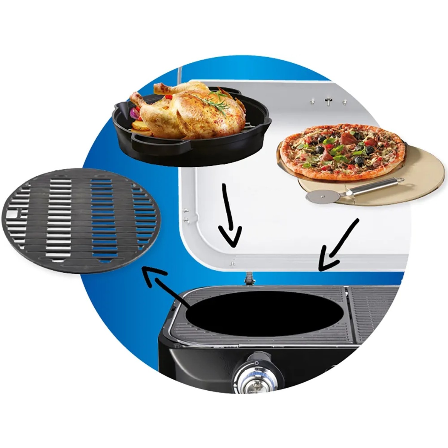 Campingaz Attitude 2100 LX Gas-Tischgrill mit Zubehör für Pizza und Brathähnchen.
