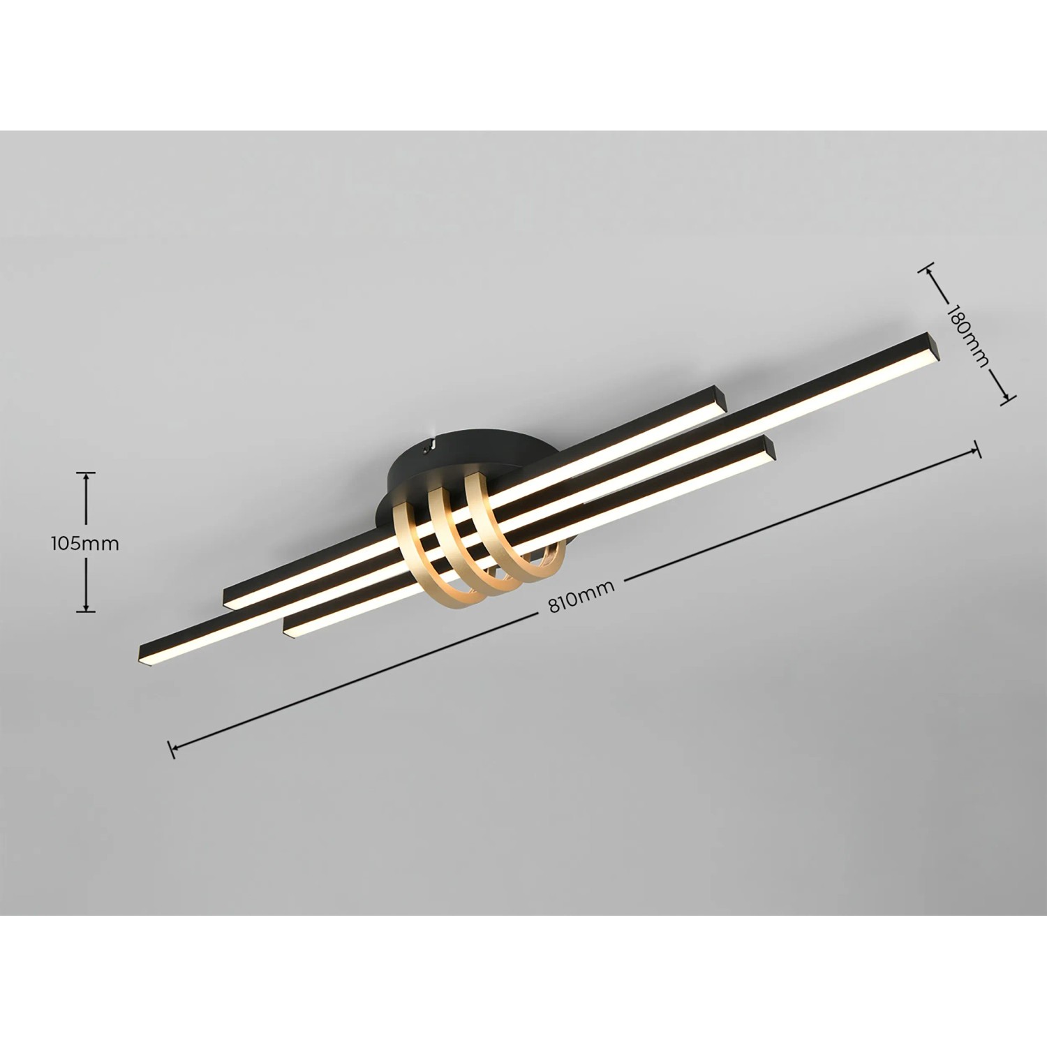 Moderne LED Deckenleuchte Cinto in Schwarz-Gold, 81 cm breit, für Wohnräume.