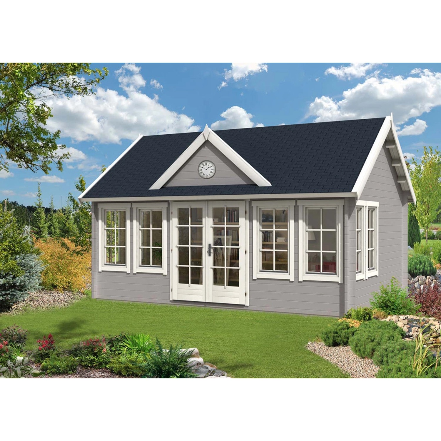 Alpholz Gartenhaus Clockhouse-XL mit Satteldach, braun, 550x420 cm. Holzhaus mit Doppeltür und Fenstern.