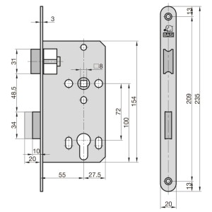 Skizze Basi Zimmertürschloss ES 928, PZW, DIN Rechts/Links, Rundstulp 20mm, Edelstahl, Falle/Riegel Aluminium mit Maßen.
