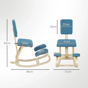 HOMCOM Kniestuhl mit dunkelblauen Polstern, hellem Birkenholzrahmen und Schaukelfunktion für ergonomisches Sitzen.