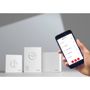Velux Active Kix 300 Smart Home Set mit Sensoren, Gateway, Schalter und App-Steuerung.