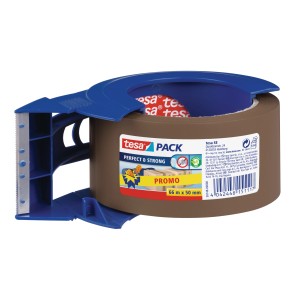 Tesa Packband Perfect & Strong mit Abroller, braunes Paketklebeband, 66m x 50mm.