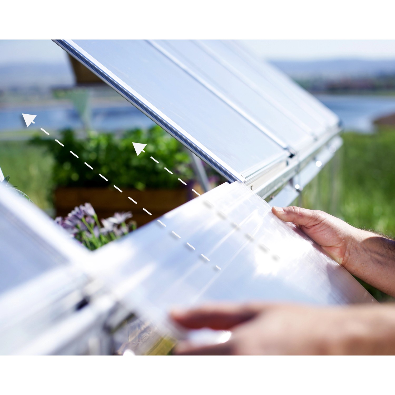 Palram Canopia Balance Gewächshaus, silber, mit Polycarbonat-Paneelen und Aluminiumrahmen.