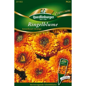 Samentüte Quedlinburger Ringelblume 'Greenheart orange' mit orangefarbenen Blüten und grünem Herzen.
