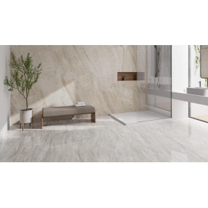 Badezimmer mit Check One Click-Vinylboden Kapellen Marmor in Marmoroptik.