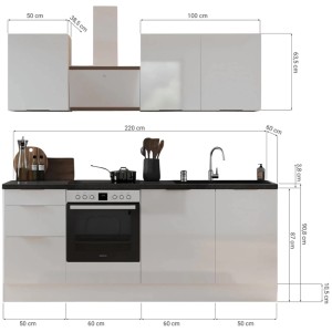 Respekta Küchenzeile Elisabeth 220 cm, grau/Eiche, mit E-Geräten und Maßangaben.