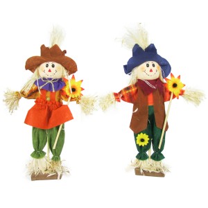 Deko Vogelscheuchen auf Holzständer, 2-fach sortiert, 30 cm, für die Herbstdeko.