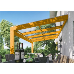 Skan Holz Terrassenüberdachung Novara, 557x259 cm, Eiche hell, mit Polycarbonat-Doppelstegplatten.