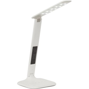 Weiße LED-Tischlampe Glenn mit Touchdimmer und Display für Uhrzeit, Kalender und Temperatur.