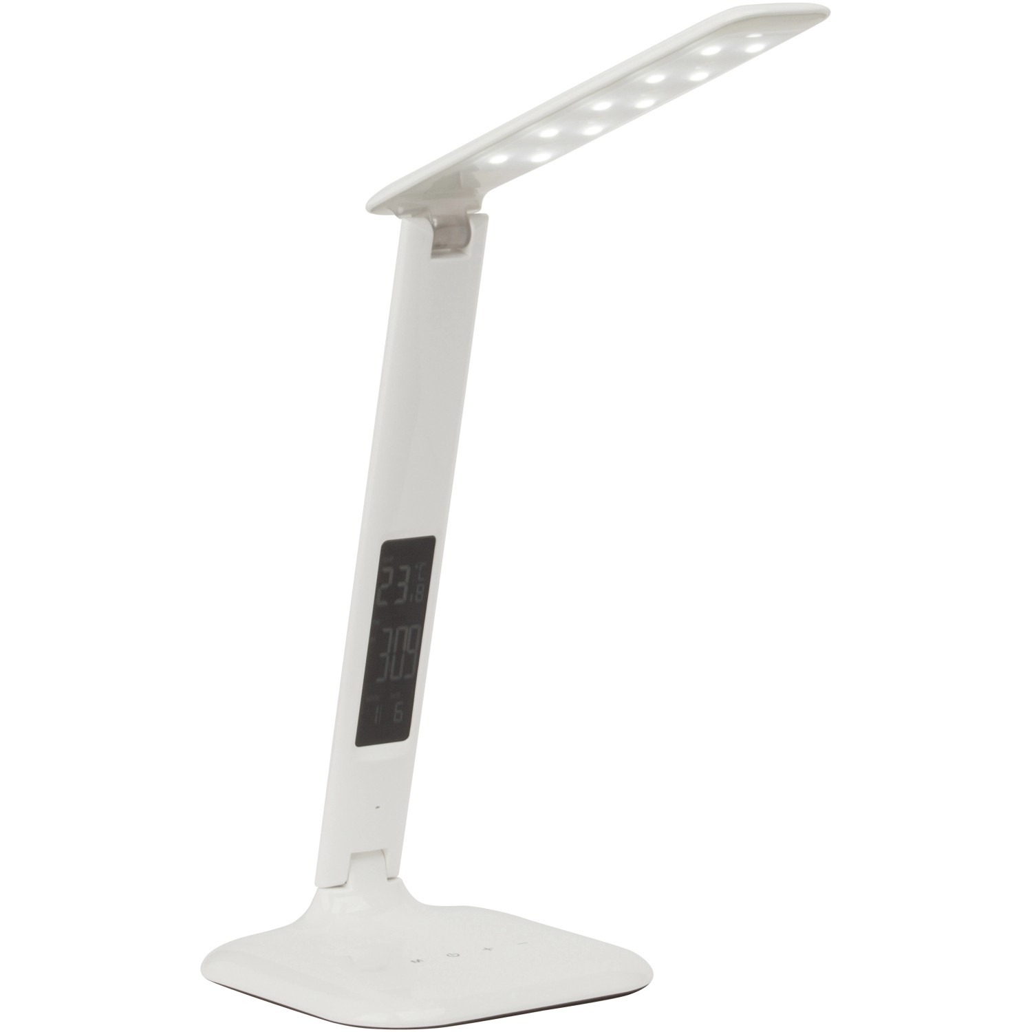 Weiße LED-Tischlampe Glenn mit Touchdimmer und Display für Uhrzeit, Kalender und Temperatur.