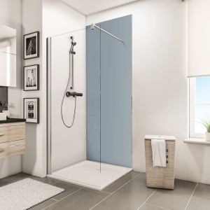Schulte Duschrückwand Decodesign Hellgrau, 210x90 cm, im Badezimmer mit Dusche.