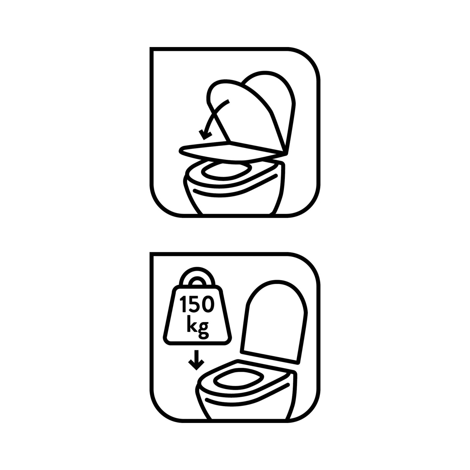 Icons für WC-Sitz La Piedra: Absenkautomatik und Belastbarkeit bis 150 kg.