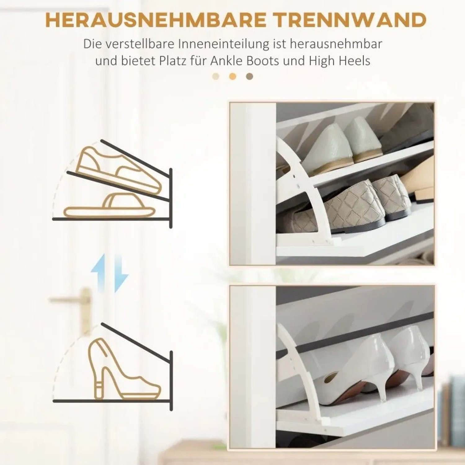 HOMCOM Schuhschrank: Verstellbare Trennwände ermöglichen flexible Aufbewahrung von High Heels und Stiefeln in der Schuhkommode.