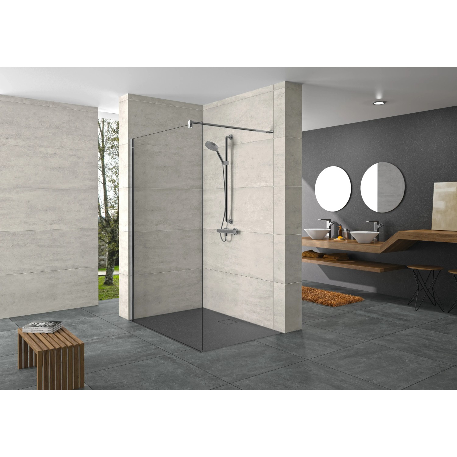Hüppe Design Pure Seitenwand, 100x200 cm, Silber Matt, mit Duschkopf. Walk-In Duschwand für moderne Bäder.