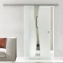 Levidor Glasschiebetür Bremen, teilsatiniert mit Wellendesign, Edelstahl-Schiene und Griffmuschel im Wohnraum.