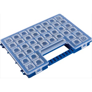 Blauer LUX Sortierkasten mit 11 Fächern und transparentem Deckel.