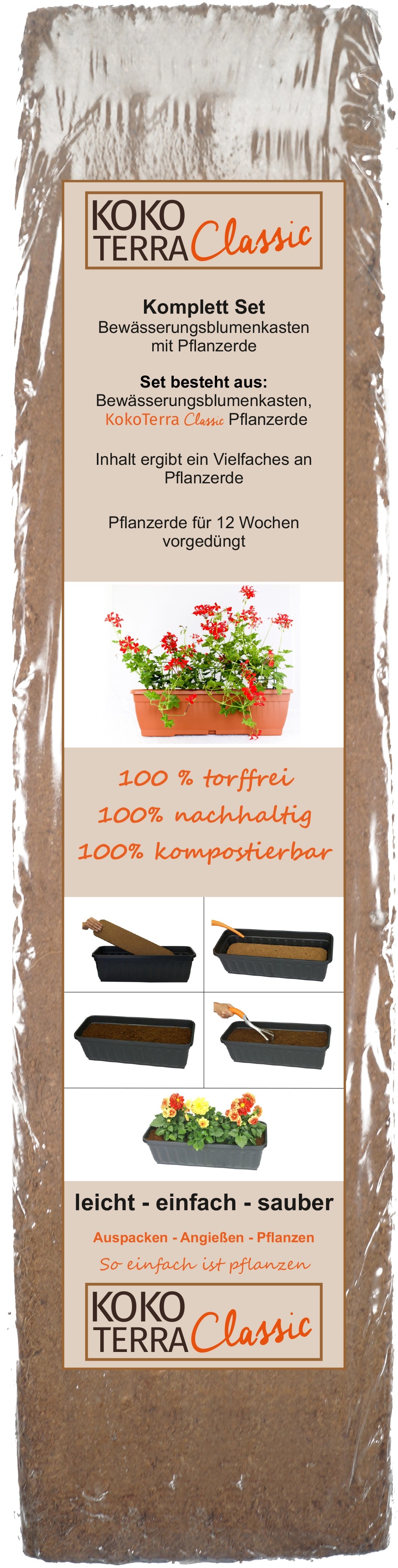 Blumenkasten 100 cm inkl. KokoTerraErde und Bewässerungseinsatz