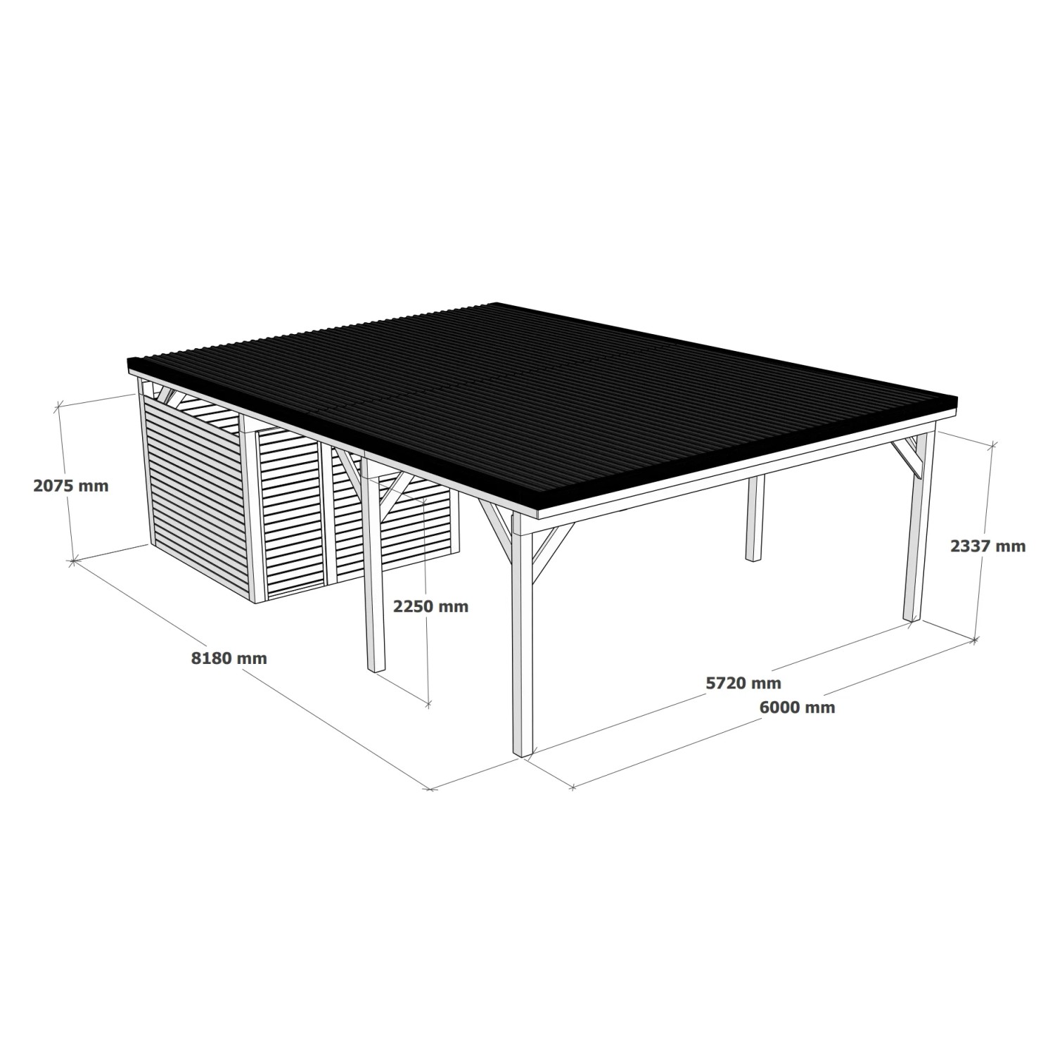 Dunkelbrauner Holzbrüder Doppelcarport Ralf mit kleinem Geräteraum, Maße und Konstruktionsdetails.