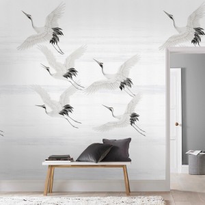 Art for the Home Fototapete Kraanvogels, Kraniche im Flug auf weißem Grund.